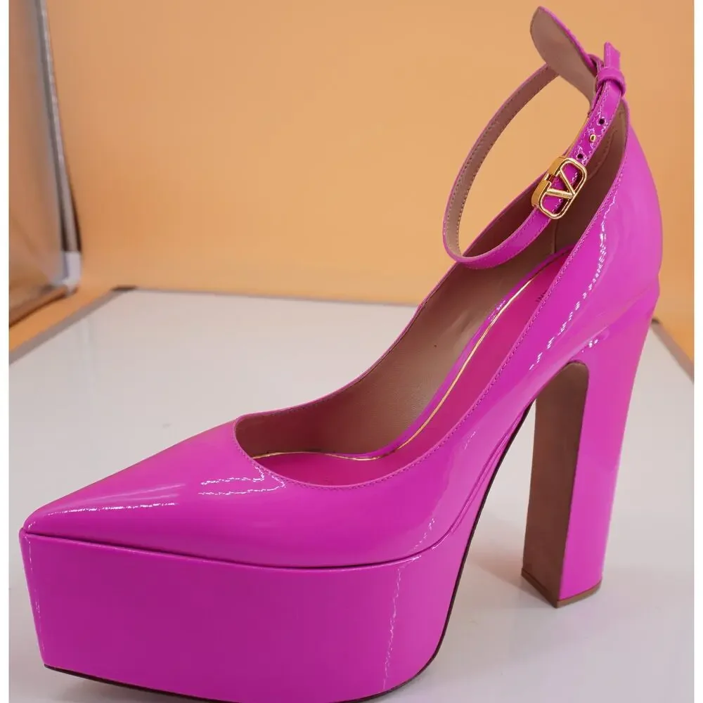 Valentino Pink Patent Tan-go Pointed Toe Platform Pump SZ 38.5 NIB Logo $1200